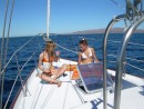 EndDec Sunbathing: Jessica and Ali sunbathing on the way to Los Islotes - Dec 2006