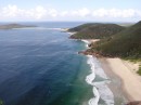 Looking south from Tomaree HJd lookout. Zenith Beach, Wreck Beach, Box Beach, Pt Stephens Causeway and Fingal Bay - beyond the causeway.