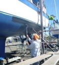 The second coat: After the Sunday morning discovery that the 10 litre can of blue antifoul was actually black!! June 2012
