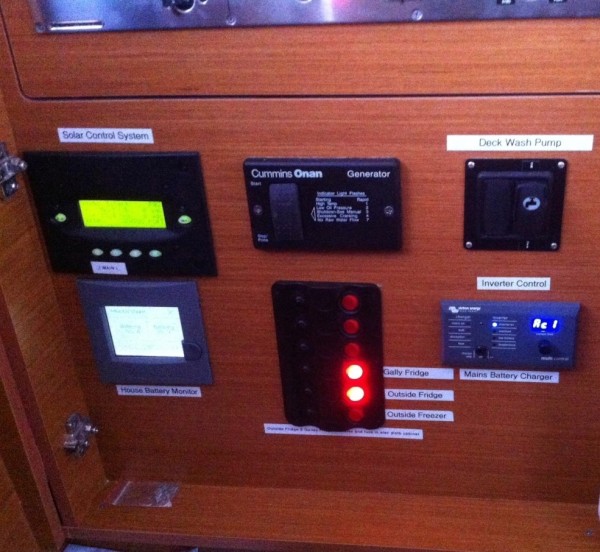 Re jigged electrical control panel, top left Outback solar charger control and monitor panel. Center bottom removed the 240 volt selector switch Shore power / Generator as this is now controlled automatically by Victron Quattro 3kW inverter/charger, replaced with switch/breaker panel to individually control fridges and freezer. Bottom right is Victron Inverter remote control unit.