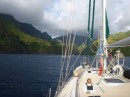 Heading into Hana Vave on the island of Fatu Hiva,  the first island to 	be iscovered by the Europeans.  Many proclaim this to be one of the most beautiful anchorages in the world!!

