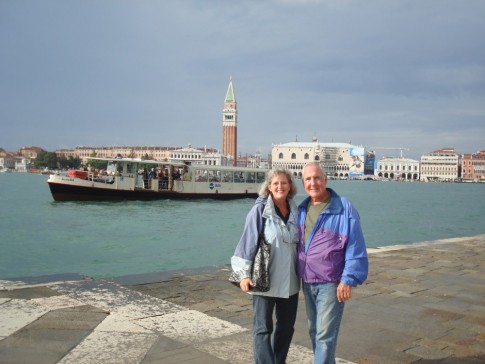 Kath & Craig at San Giorgio vaporetto stop right across from St. Mark