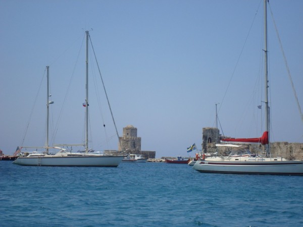 Sangaris at anchor with the Methoni fortress in the background.