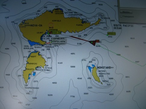 Our chart as we arrive in the Marquesas! Our crossing took 21 days and a few hours. The red triangle is our boat.