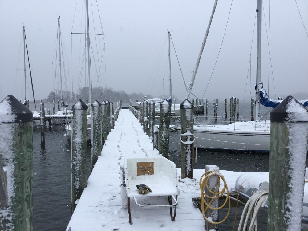 Snow: Snow covered dock at Island View Marina 