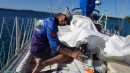 The trip for NZ was a little trying, so out with the sewing machine for more sail repairs.