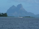 The view from our favourite anchorage on the west coast of Tahaa - across the channel and motu, to Bora Bora towering in the distance.