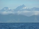 Sailing down the west coast of the South Island - our first glimpse of the Southern Alps and Mt Cook