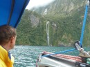 Stirling Falls drop 146m into Milford Sound. The tour boats dunk under the falls, but it was too cold for us!