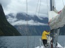 Dropping the sails after a 5 day passage to Milford