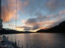 Tory Channel at sunrise - as Barefoot heads toward Cook Strait; the beginning of the last leg back to Marsden Cove.