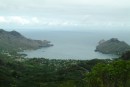 Taiohae Bay, where the capital village of Nuku Hiva is located and our boat was anchored, as seen from atop the mountain. 