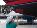 Ann helps apply the first coat of anti-fouling paint to the bottom, one of our last major jobs before returning to the domain of Neptune. 