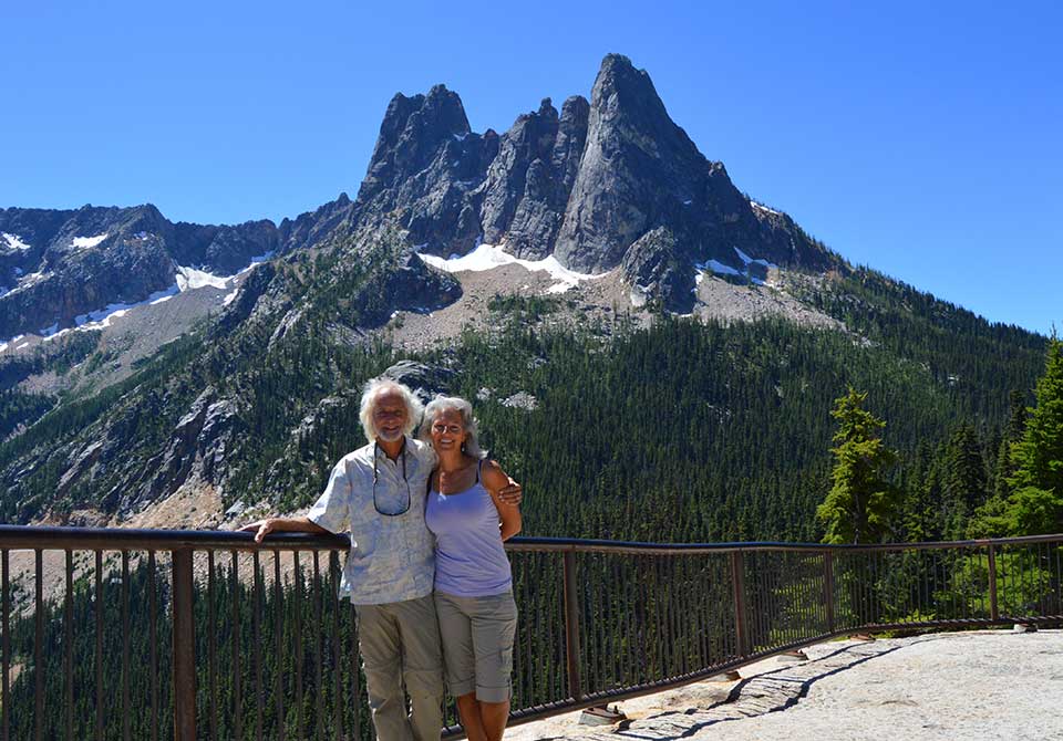 The Minister & The Mermaid with the Early Winters Spires in the background. One of the most beautiful drives in Washington state, Molly-the-Bride requested that everyone stop to take in her favorite view from Washington Pass Overlook.