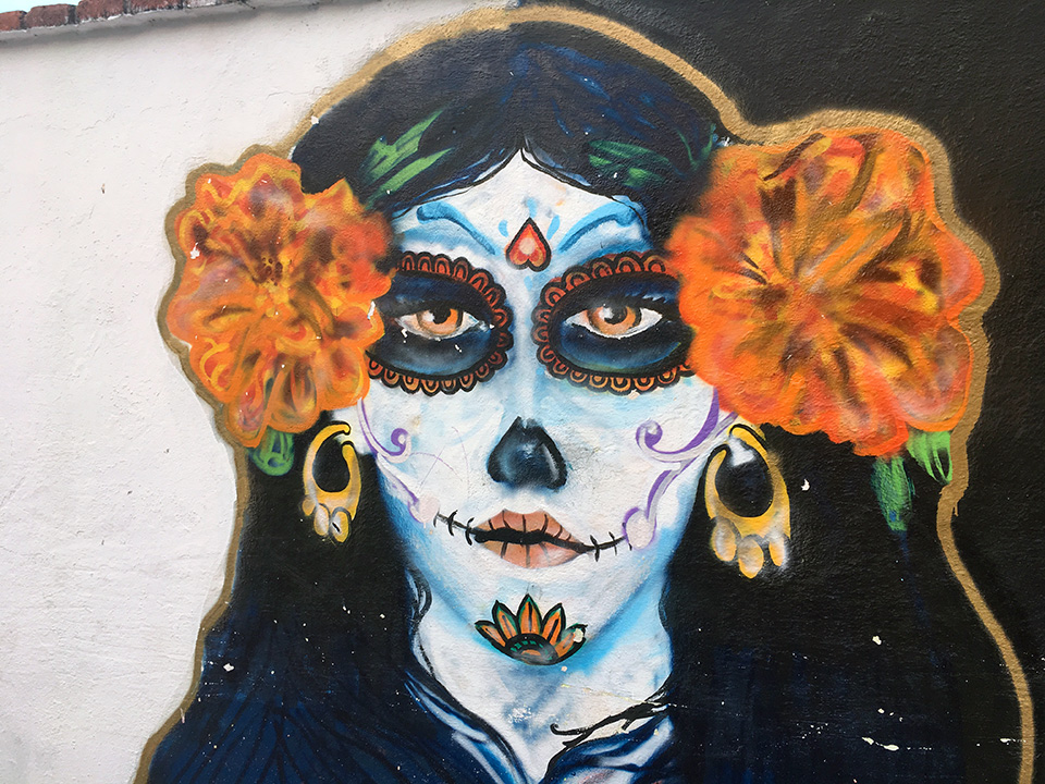 Another larger-than-life Catrina on the wall of the PV cemetery. 