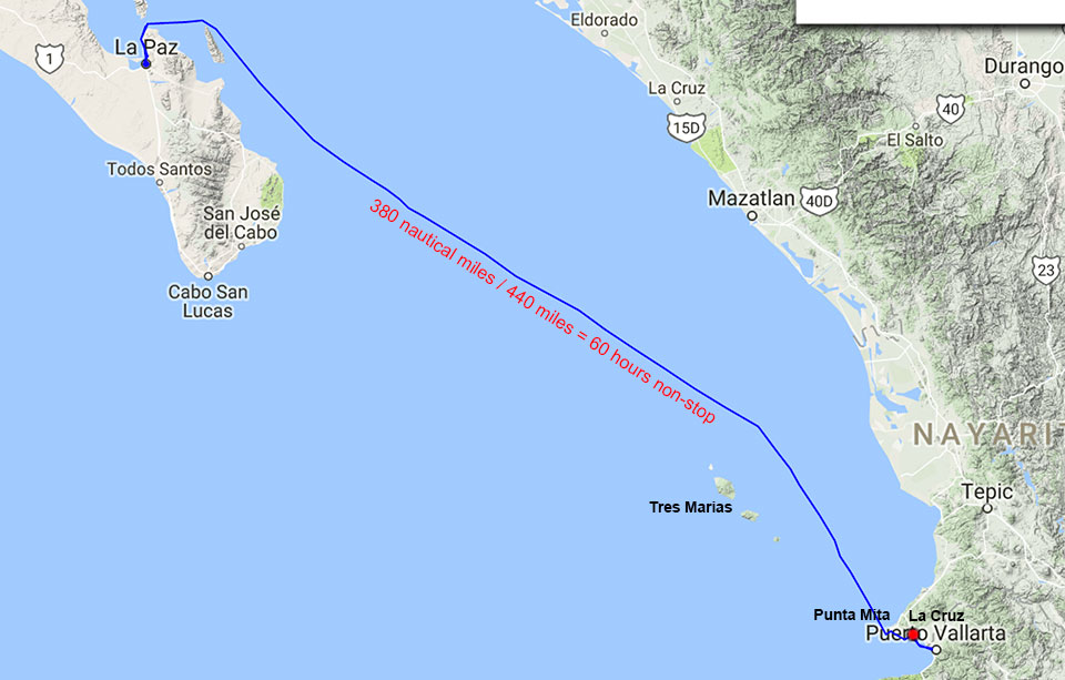 Our 380 nautical mile passage from La Paz to Banderas Bay took 60 hours from hook up to hook down.  If you