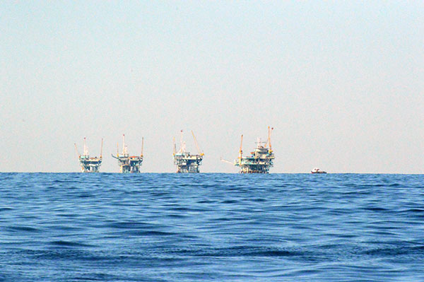Some of the many oil rigs in Santa Barbara Channel.
