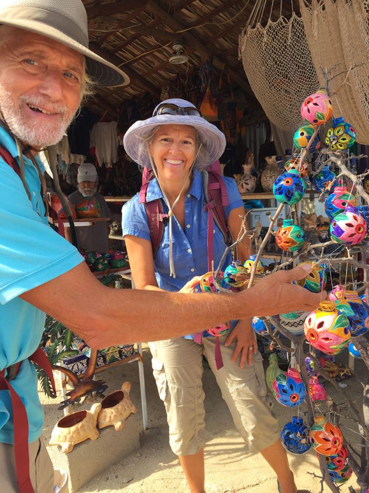 Captain Kirk and Heidi checking out these fun, unique, colorful Mexican Christmas ornaments in Los Barriles. We bought one for $75 pesos ($4 US), it
