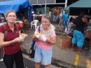 Shelia (Never Bored) Margi eating Doubles at  the Port of Spain Market