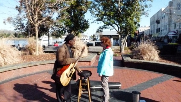 We walked along the Savannah waterfront. We skipped this city while going down the ICW.  It was great to see it this time.  This street musician made me stand in the center to hear the echo from the circular wall.