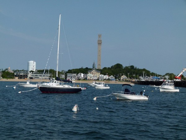We tried to anchor in Provincetown but it was much too rough so we took a mooring instead. Here is a good view of the Pilgrim Monument from the mooring field.