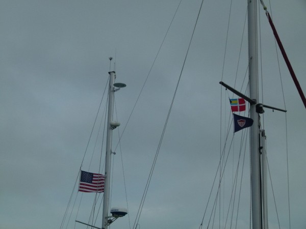 When we got to Bimini we went into a marina to make it as easy as possible for ourselves. Bill went to Customs and Immigration and when he had cleared in we were able to raise the Bahamian courtesy flag you see here, over our SSCA club flag.