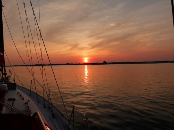 Sunset in Cape May from our anchored boat.