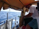 Bruce ready to toss one of our "message in a bottles" as we cross the center of the Gulf Stream