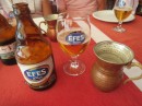 Lunchtime drinks - ice cold Efes beer and chilled Ayran (yoghurt and water drink) served in a Turkish style mug