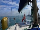 Motoring across Lyme Bay passing East Shambles bouy, no wind till the last 10 miles and then it was on the nose, naturally.