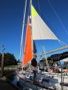 Trying out the storm sails at the dock.  Having a full set of sails for all conditions was important in our planning.