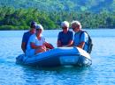 The gang heads out for a dingy exploration of Buca Bay - Carl, Judy, Jan and Steve.