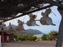 Whale vertebrae decorate a fishing shed