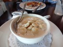 Seafood chowder, a north east specialty. Instead of buttery croutons, the americans prefer cracker biscuits in their soups. Hummm....Nantucket, MC