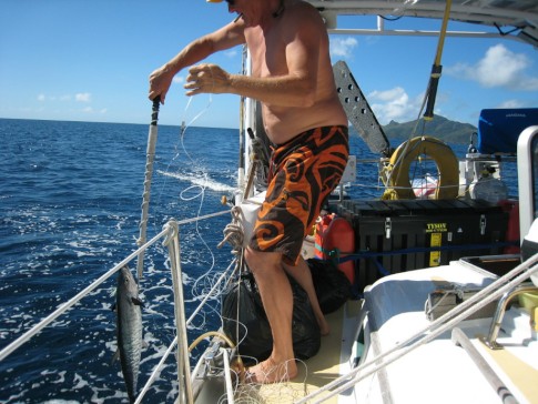 Uwe reels in a fish, we think its a king tuna or some sort of Mackerel, it tasted good, did 3 days meals
