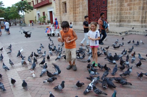 Kara and Joshua feed the birds downtown Cartagena