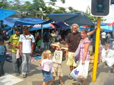 Bill, Bronwyn and kids outside the market Lautoka 