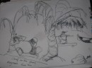 sketch of chief on mobile phone under coconut tree