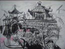Oriental rooftops with pink blossoms - pastel on paper                                  $200
425X560 unframed