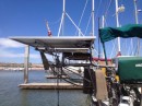 Solar panels on the aft end of our boat, above where the dinghy hangs