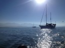Our boat anchored in Matanchén Bay, taken from the dinghy ride ashore.