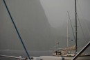 Pitons in a storm.  We had 45 knots of wind one night (20 is a stiff breeze with plenty of white caps)