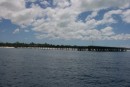 The wharf at Christmas Island.  To get ashore, we tied the dinghy to the bottom of a ladder at the end, then climbed the ladder and walked the length of the pier plus another quarter mile or so to the main road. 