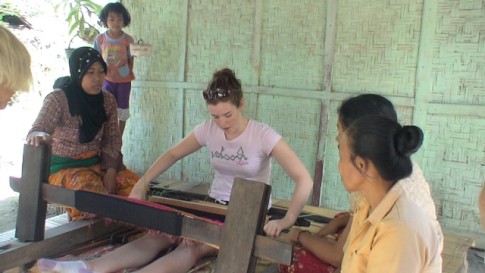 Kirsty learning to weave - in this village you have to be able to weave before you can get married - if you can