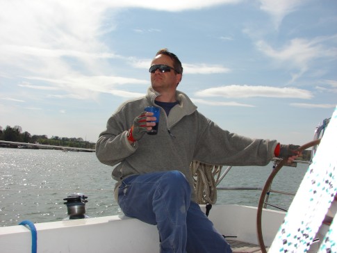 Cool skipper. Rum & coke in one hand, helm in the other.