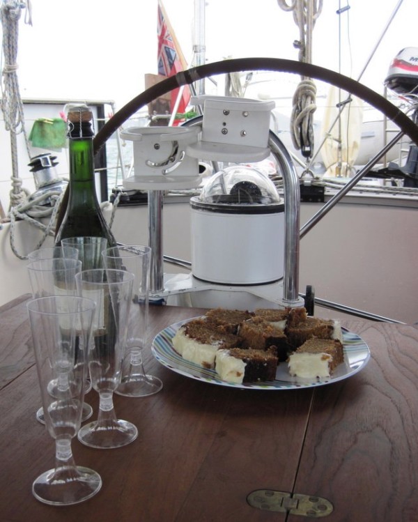 Champagne and cake to celebrate a safe passage through the canal.