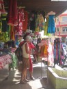 Pauline shopping amongst the colourful stalls in Tahiti.
