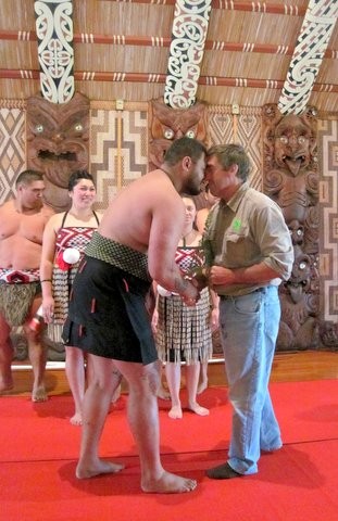 Andy( the big white chief) is greeted by the Maori chief.