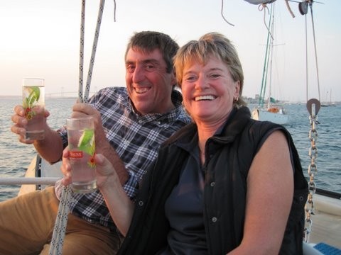 Andy and Marlene aboard Heimkehr for sundowners