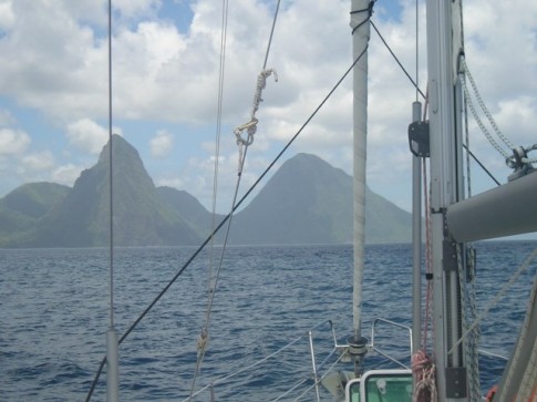 Eira approaching the Pitons in southern St Lucia.JPG